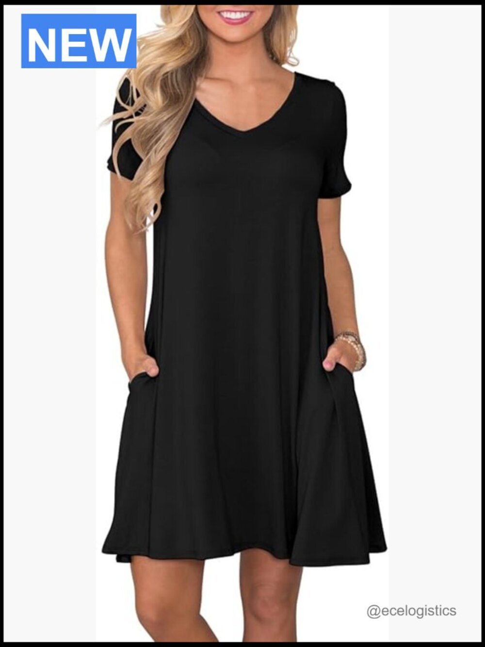 Women's Short Sleeve Swing Dress with Pockets V-Neck Casual
